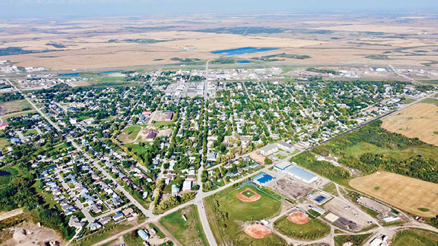 An aerial view of the Town of Moosomin.